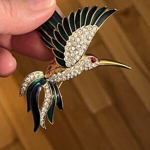 Vintage Hummingbird Crystal and Multicolored Enameled Brooch